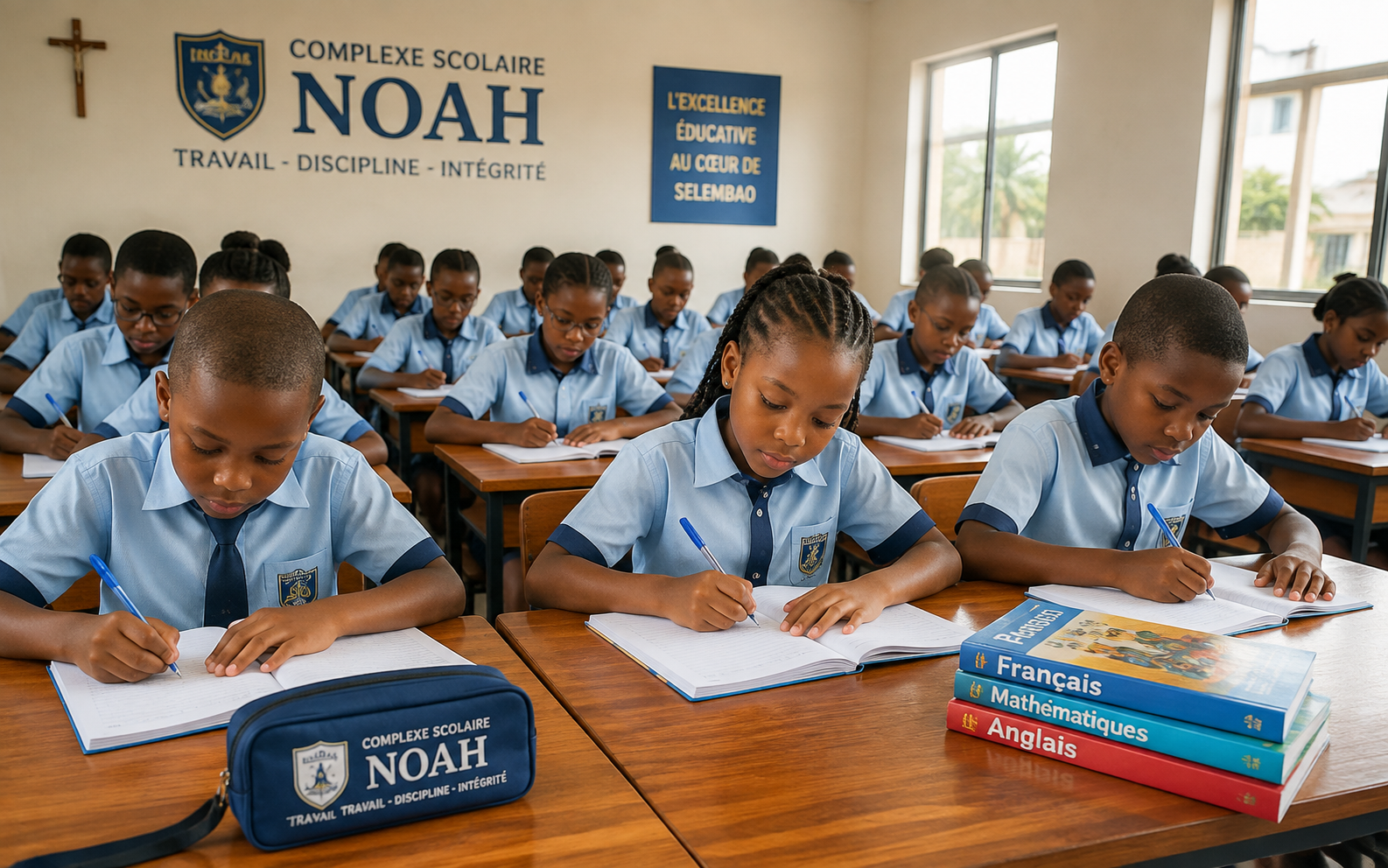 Élèves du Complexe Scolaire Noah devant l'école à Selembao, Kinshasa